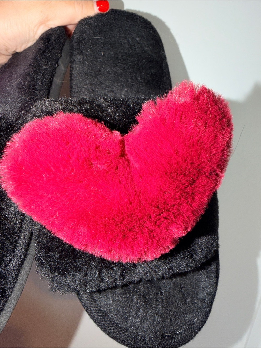 Plush Heart Slide Slippers Black with Red Heart, Black/Red, US 7.5-8 - Picture 3 of 5